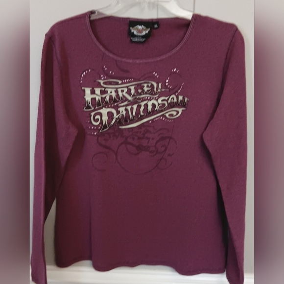 Harley-Davidson Maroon Rhinestone on Logo Long Sleeve Ribbed Tee XL - Picture 1 of 4